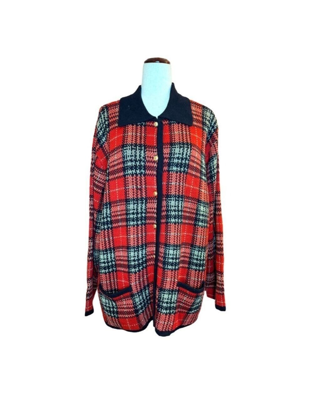 Crystal-Kobe red black check cardigan 2X Mexico black trim gold buttons vintage